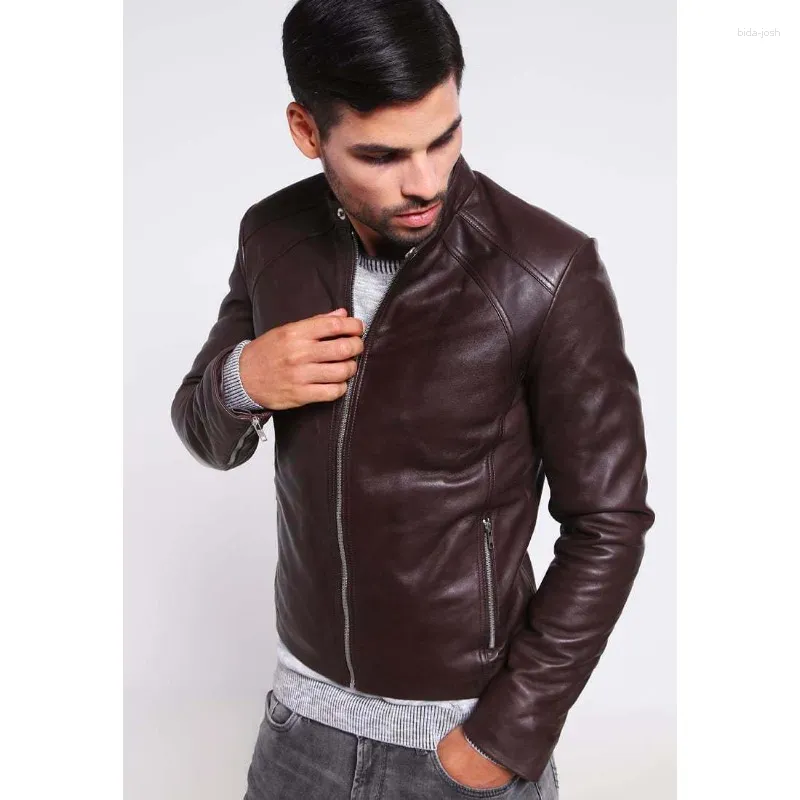Jaquetas masculinas marrom escuro qualidade premium couro de cordeiro elegante jaqueta de motociclista