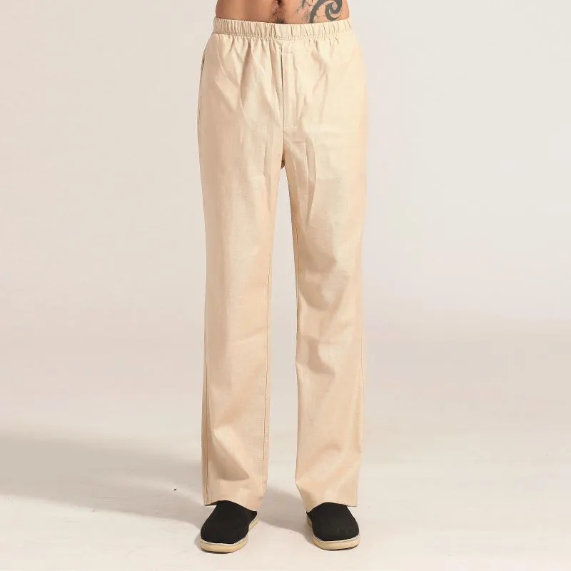 Herrbyxor män mysiga grundläggande linne pant orientalisk fritidsstil beige grå byxor elastisk midja rak manlig daglig komfortkläder