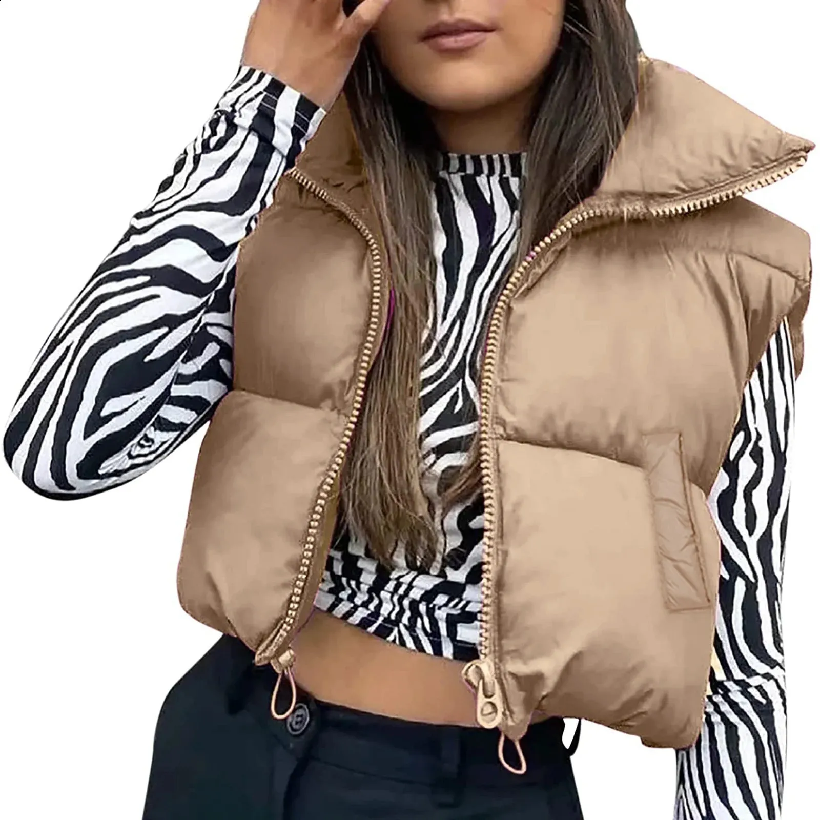 Autumn and winter womens warm cut vest jacket fashion sleeveless vertical collar zippered inflatable vest street style jacket 240216