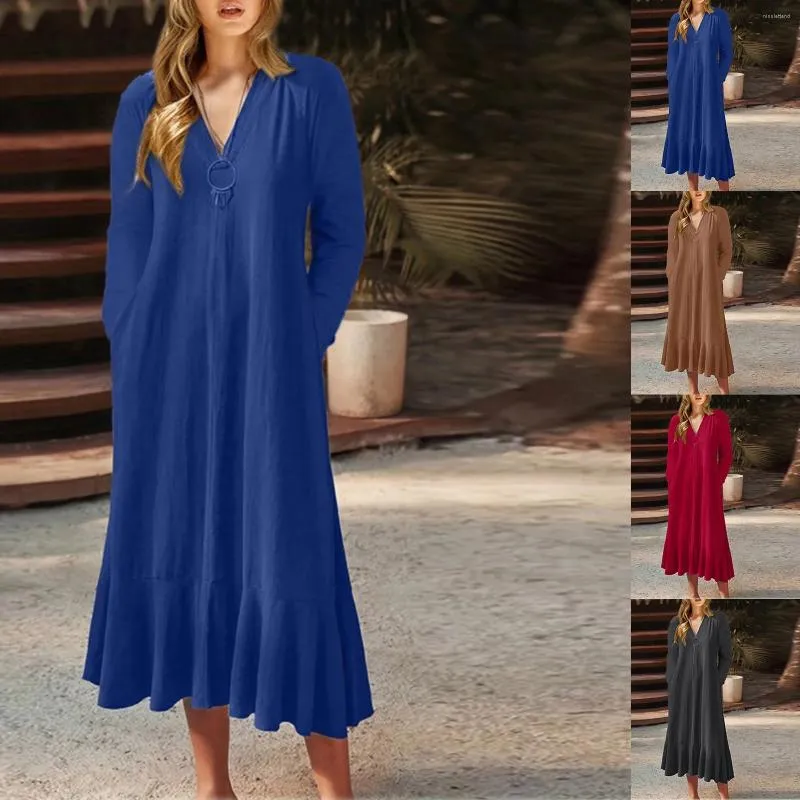 Robes décontractées pour femmes, couleur unie, col en V, dos à lacets, manches longues, ligne A, ample, simplicité, jupe féminine