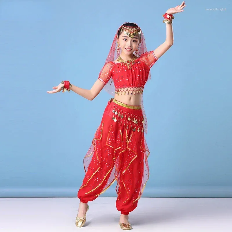 Stage Wear Costume de danse du ventre pour enfants, ensemble de 3 couleurs, tenue Bollywood pour enfants, vêtements de performance, robe orientale