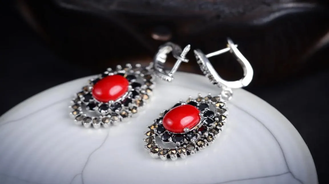 Femmes 925 sterlingsilverjewelry Vintage 925 argent marcassite tendance rouge corail boucles d'oreilles Brincos Ohrringe bijoux en argent Sterling9666951