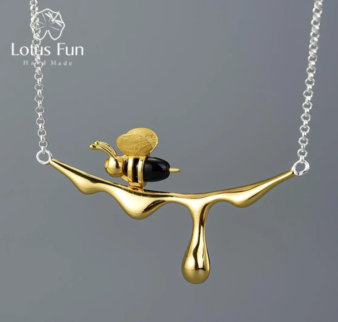 Lotus Fun 18K Gold Bee and Dripping Honey Pendant Necklace Real 925 Sterling Silver Handmade Designer Fine Jewelry for Women Y20085978100