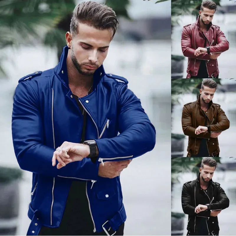 Осенне-зимняя мужская модная тонкая кожаная куртка-пальто 240124