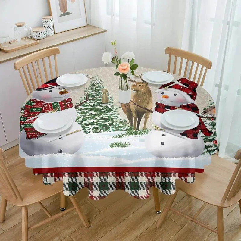 Table Cloth Christmas Elk Snowman Fir Tree Round Tablecloth Waterproof Wedding Party Cover Dining