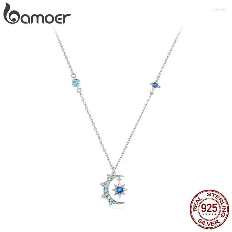 Hängen Bamoer 925 Sterling Silver Star and Moon Pendant Necklace Forever Love Neck Chain for Women Valentine's Day Fine Jewelry Gift