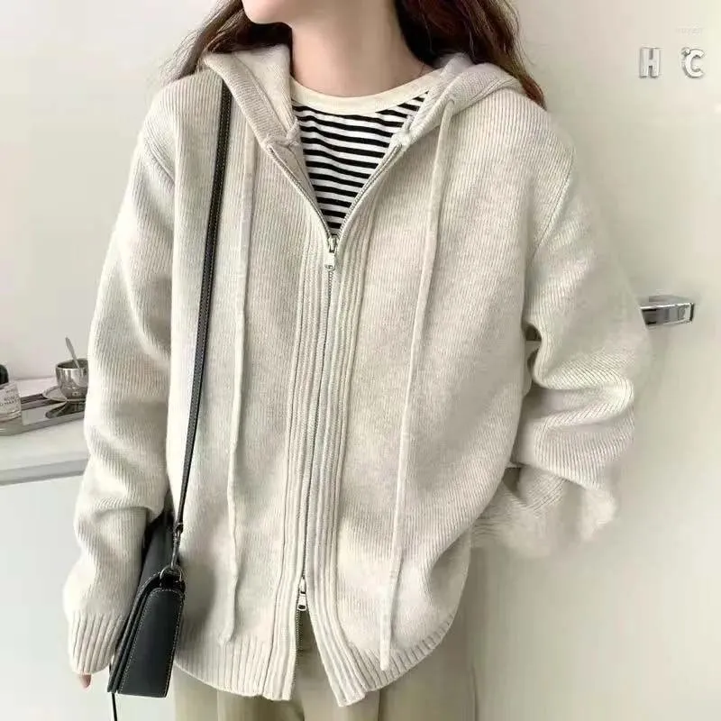 Women's Knits Korean Harajuku Style Hooded Sweater Women Knitted Cardigan Tops Autumn Winter Solid Color Double Head Zipper Jacket Outerwear