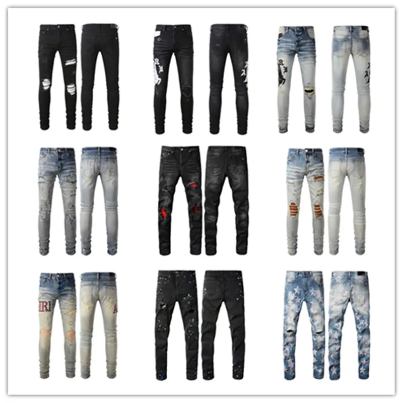 Modieuze herenjeans met stoere stijl, luxe designer spijkerbroek met gaten en split zwart blauwe jeans, slim fit maat 28-40 nieuw Amirs