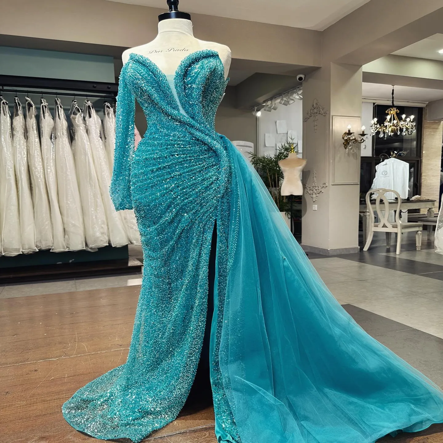 2024 ASO ebi Blue Mermaid Prom Dress Sweetheart Sloce Lace Invinging Formal Party Second Recestent Birthday Engemant Gowns Robe De Soiree ZJ23