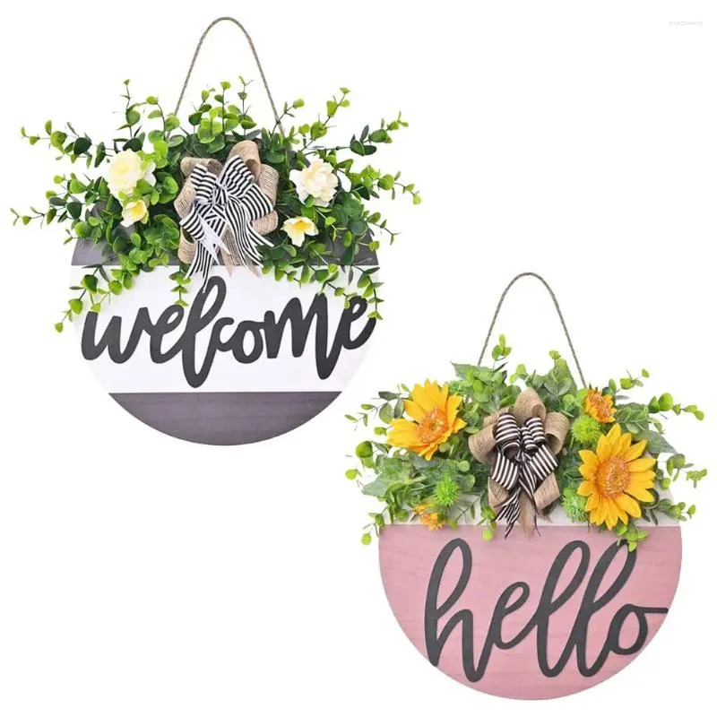 Decorative Flowers Rustic Welcome Sign Wall Door Hanging Wreath Home Outdoor Indoor Decor