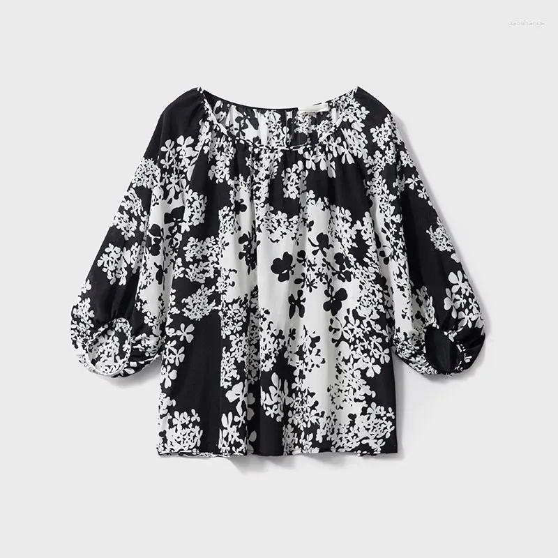 Women's Blouses Birdsky 1PC Women Blouse Tops Pullover Lantern Half Sleeve Real Mulberry Silk Crepe De Chine Floral Print S-646