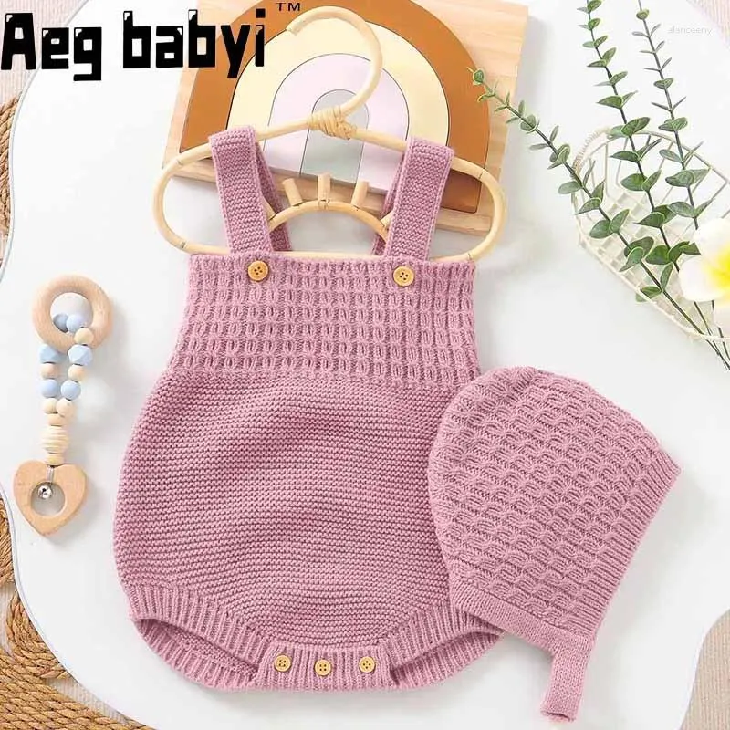 ロンパーズ生まれのベビーハットの服セット秋の固形編み幼児の子供の少年の女の子のセータージャンプスーツ服2pcsニットウェア