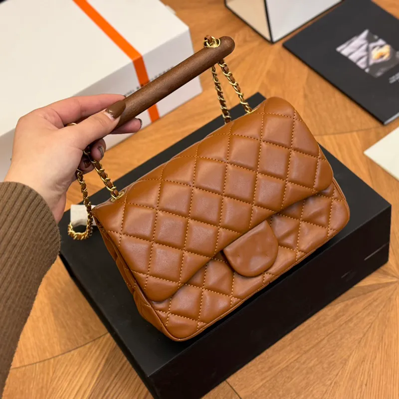 Double letter Luxury Designer Women Shoulder Bag Fashion Diamond Leather Chain Genuine Leather Wood Handle Handbag French Brand High Quality Crossbody Bag