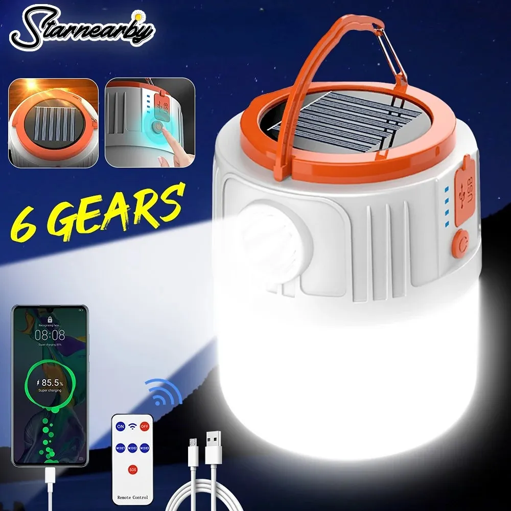 Solar Camping Light Light Power Bank ładowna żarówka 6 biegów zdalne sterowanie lampa namiotu przenośna lampion lampionek na zewnątrz 240119