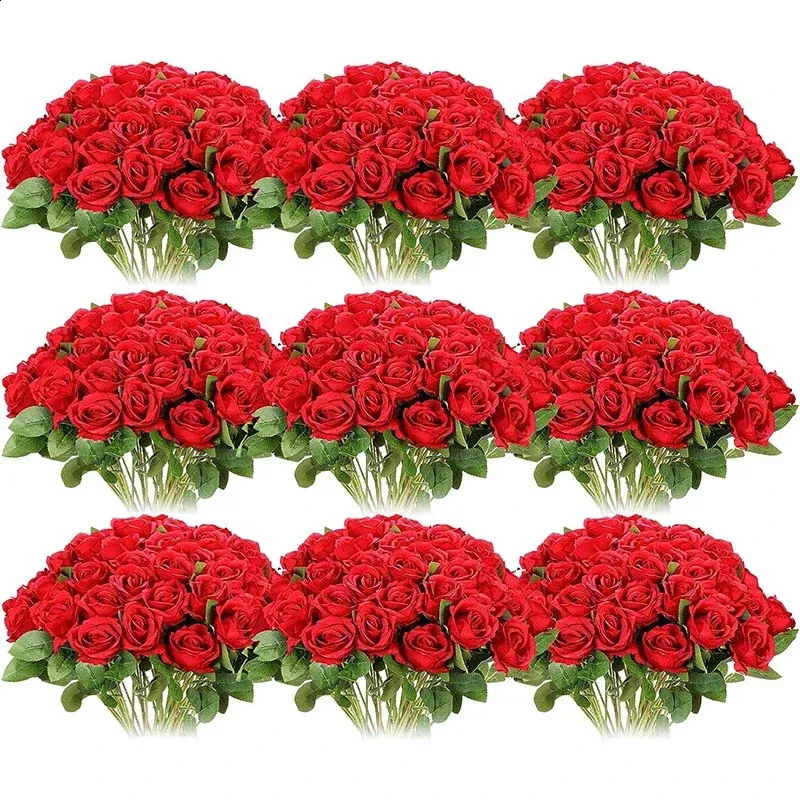 100 Pieces Artificial Roses Flowers Fake Silk Bouquet for Table Centerpiece Vases Wedding Party Decor 240127