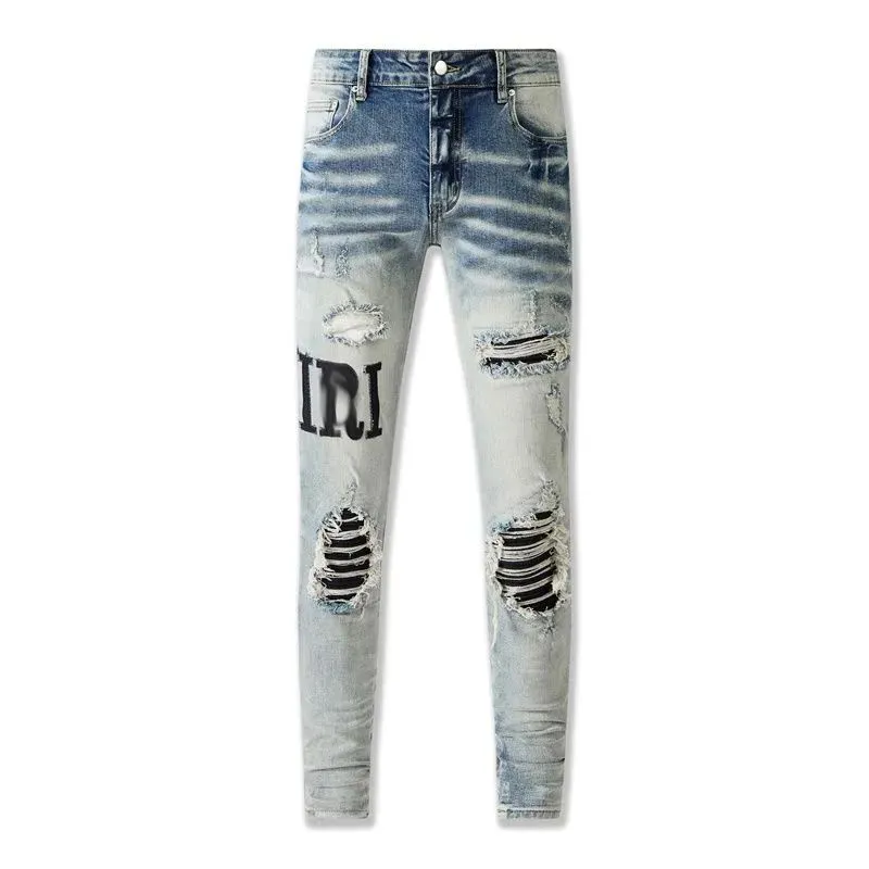 Diy gaten in broeken Herenjeans paarse jeans Amirs ontwerper Zware industrie High Street Hole Star Patch Gewassen sterrenborduurwerk paneelbroek stretch casual broek