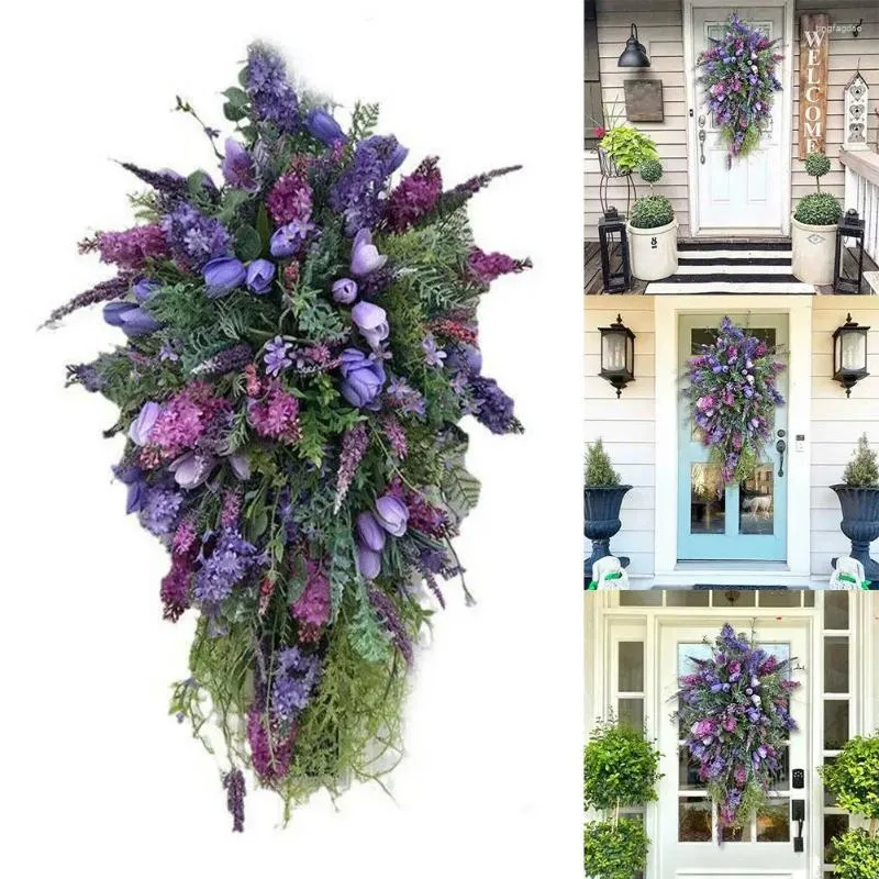 Fleurs décoratives décor de porte couronne de fleurs 60 40 7 cm Cottage Swags jardins pendaison de crémaillère hortensias fêtes jardin violet en plastique