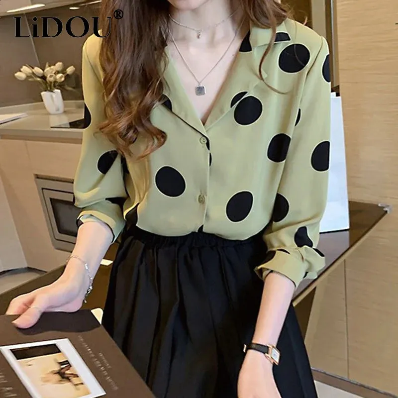 Spring Autumn Office Lady Polka Dot Print Chiffon Blouse Women Elegant Single Breasted Long Sleeve Allmatch Shirt Blusa Mujer 240125