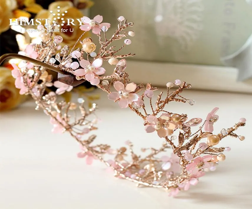 HIMSTORY handgjorda söta rosa runda blommor tiara kronor gren brud bröllop diadema hår tiaras dekoration tillbehör y2008078912703