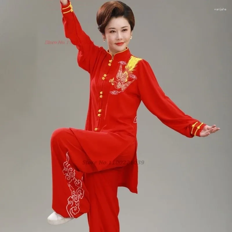 エスニック衣類2024中国のヴィンテージ太極拳のパフォーマンストップパンツセット格闘技フェニックス刺繍ユニフォームチーム