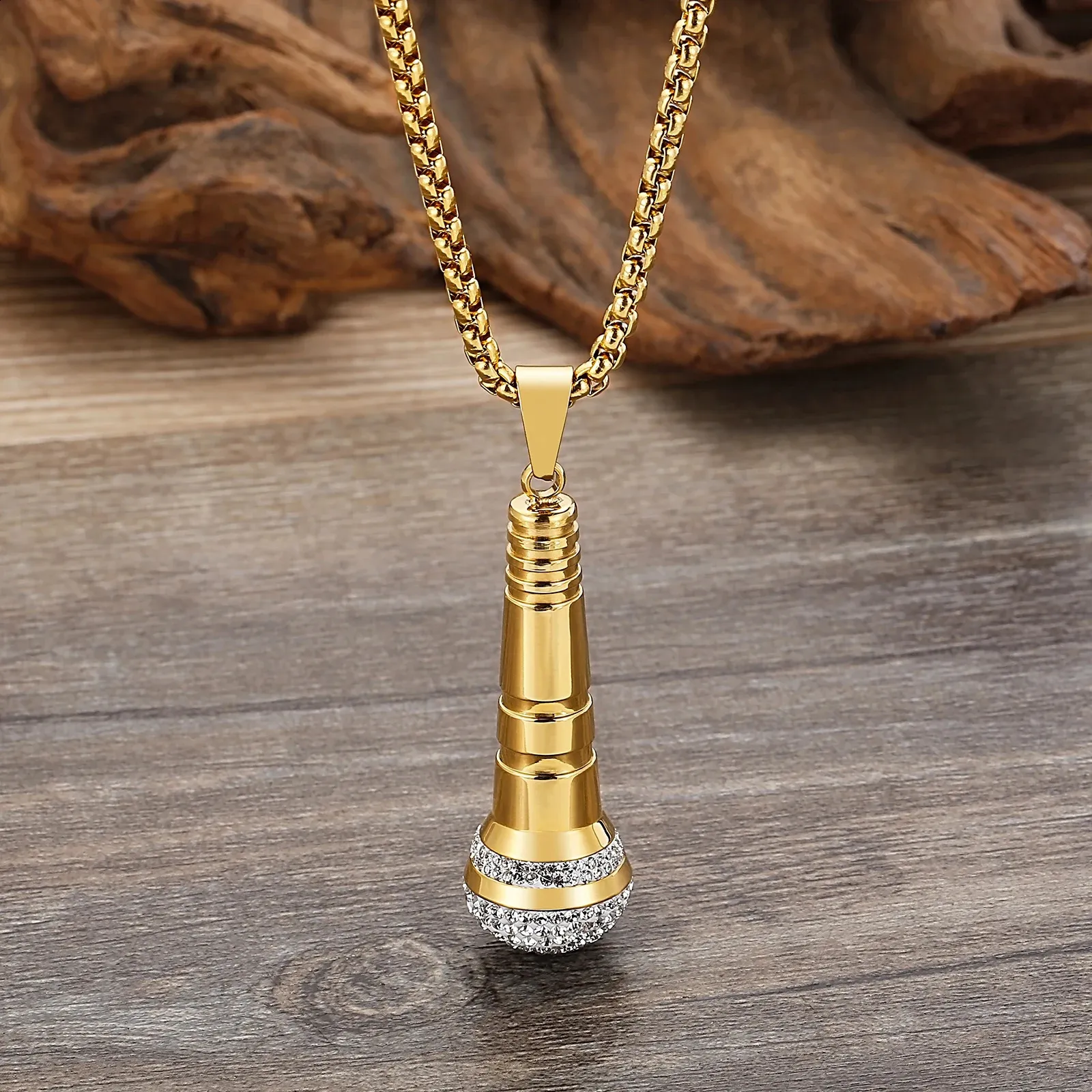 HAOYI Microphone Pendant Necklace Men 18K Gold Color Fashion Hip Hop Rhinestone Hhighend Stainless Steel Jewelry Onlyfans Gift 240125