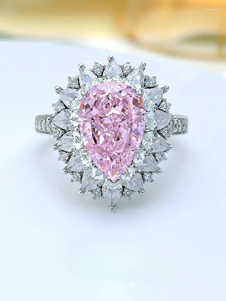 Кольца кластера, легкие роскошные кольца с розовыми бриллиантами и каплями воды, кольцо из стерлингового серебра 925 пробы, инкрустированные высокоуглеродистыми бриллиантами для женщин
