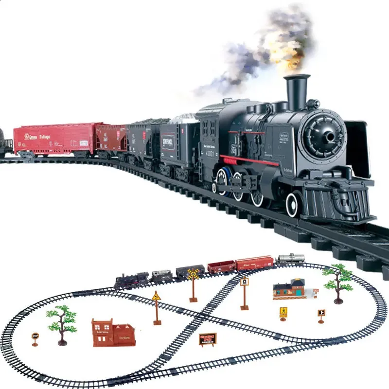 Simulation Classical Long Steam Train Track Electric Toy Trains for Kids Truck for Boys Railway Railroad Birthday Gift 240131