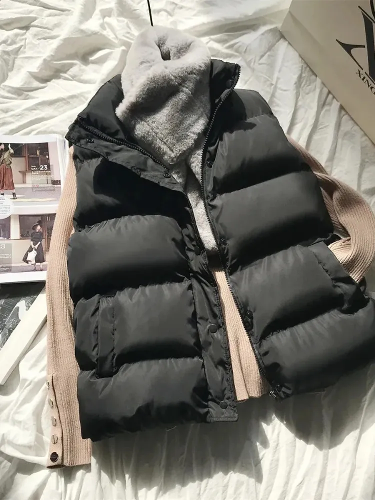 Chaleco inflable acolchado de algodón cálido para mujer, chaqueta de parque sin mangas, invierno, 240216