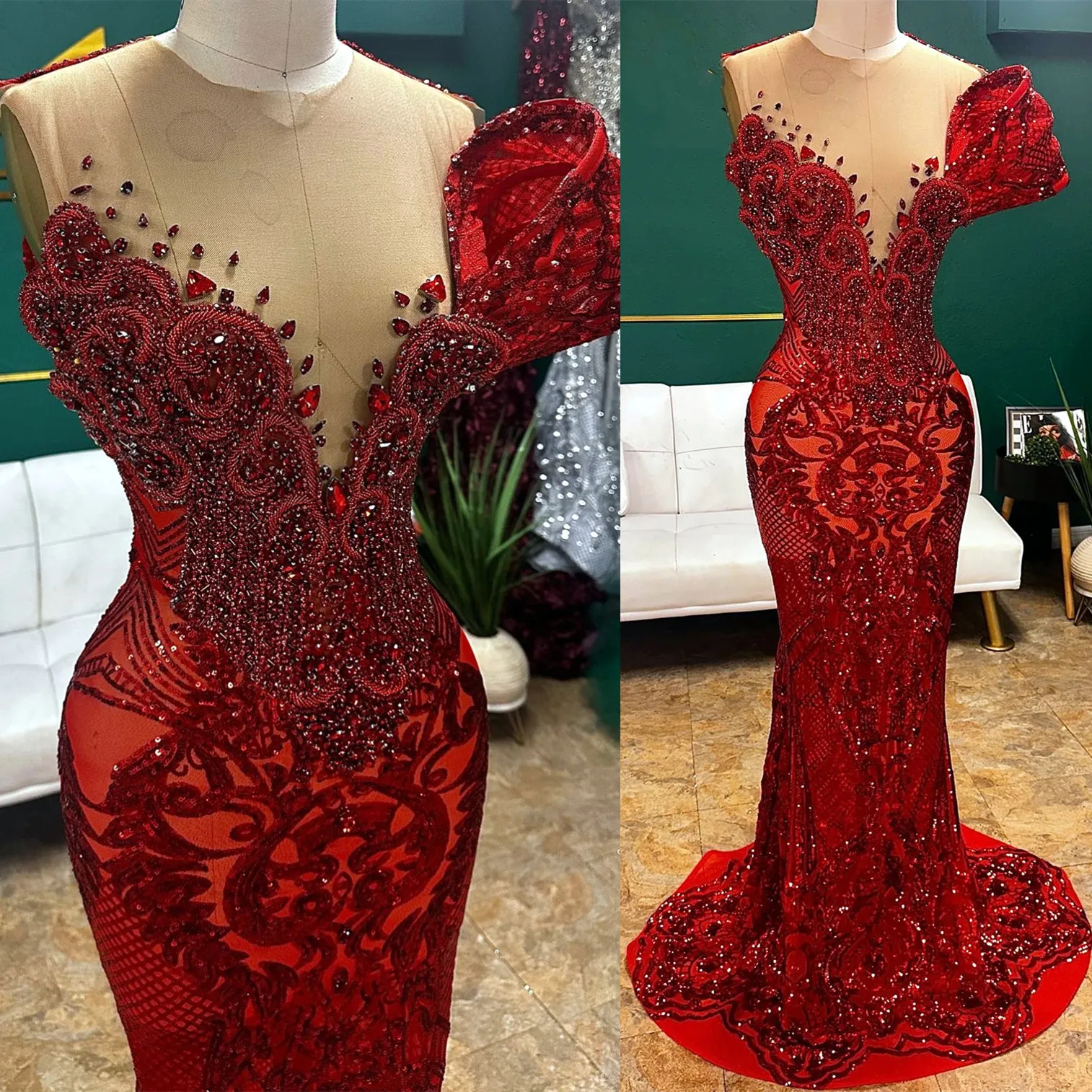 2024 Aso Ebi Red Mermaid Prom Prom Платье из бисера кристаллы видят через вечерню