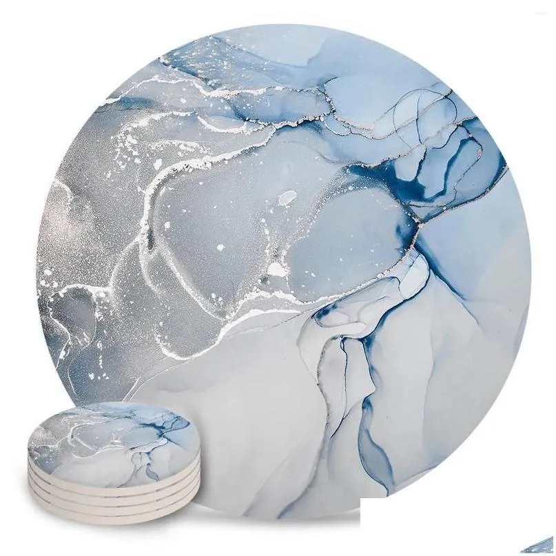 Mats Pads Table Blue Marble Texture Ceramic Set Kitchen Round Placemat Luxury Decor Coffee Tea Cup Coasters Drop Delivery Home Garden Oteiu