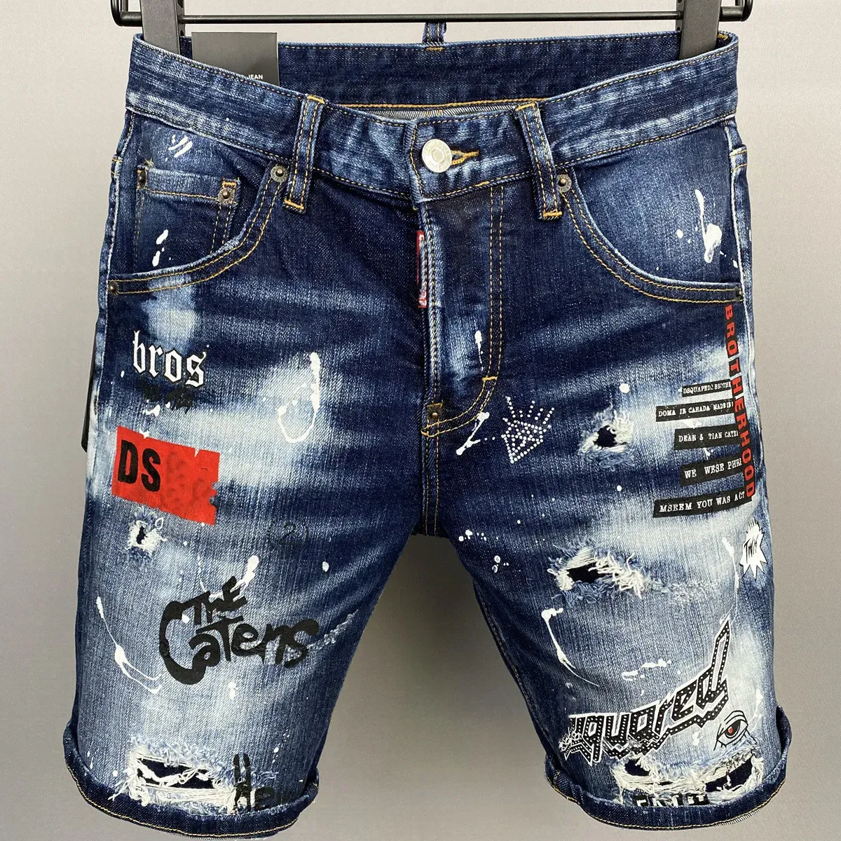 Designer Jean Short Fashion Casual Slim Ripped paint Zipper Patch D letter embroidery Denim Shorts For Men Street Punk Blue