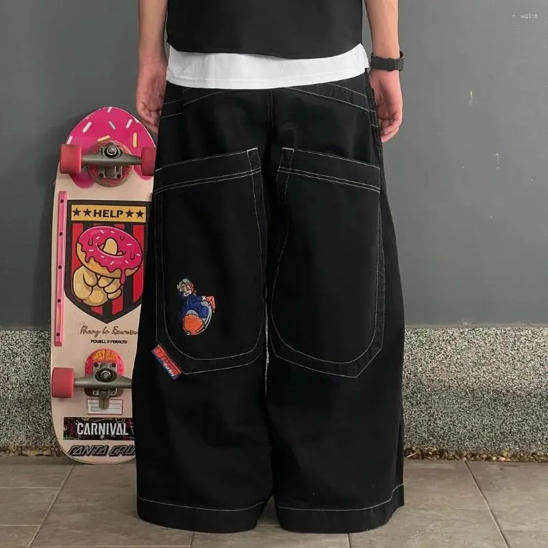 Frauen Hosen Koreanische Casual Mode Schwarz Cartoon Druck Muster Baggy Jeans Y2k Hip Hop Retro Harajuku Distressed Gerade