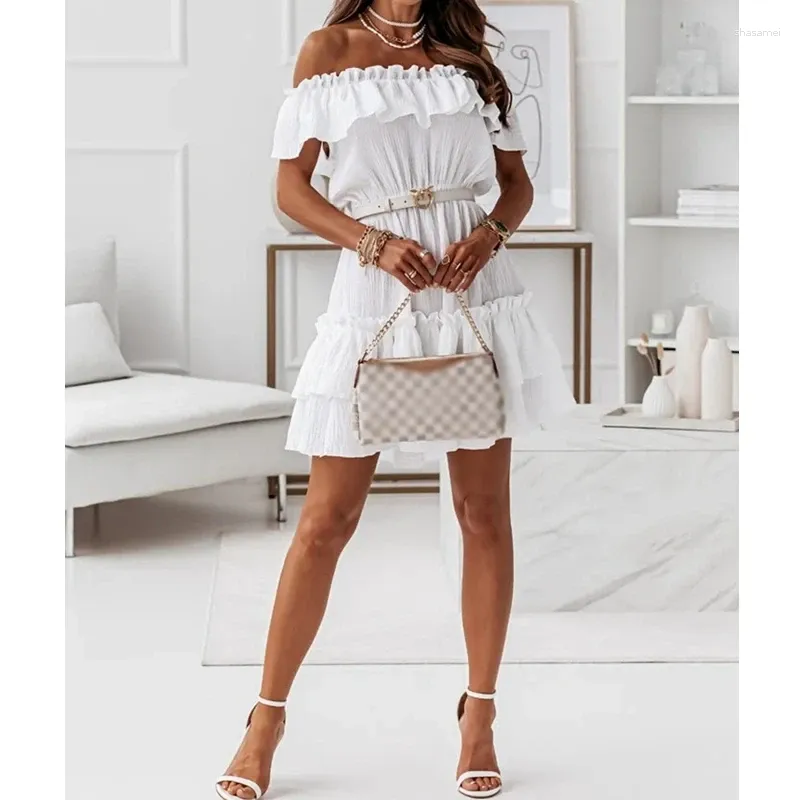 Casual Dresses Summer Sexy Dress Women Solid Color Lace-up High Waist Ruffles Pleated Short Butterfly Sleeve Slash Neck Mini