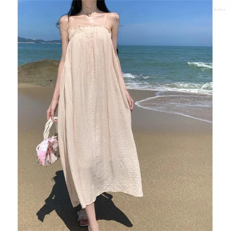 Vestidos casuais espaguete cinta boho v pescoço sem costas francês chique doce vestido uma linha feminina praia pulôver vestidos gota