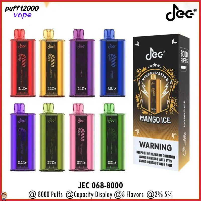 JEC 8000 Puffs Einweg -Zigaretten wiederaufladbare 580 -mAh -Batterie -Vape -Stift -Mesh -Spulen 2% 5% Vaper mit digitalem Display Puff 8k 9k 12k Puff Vapes