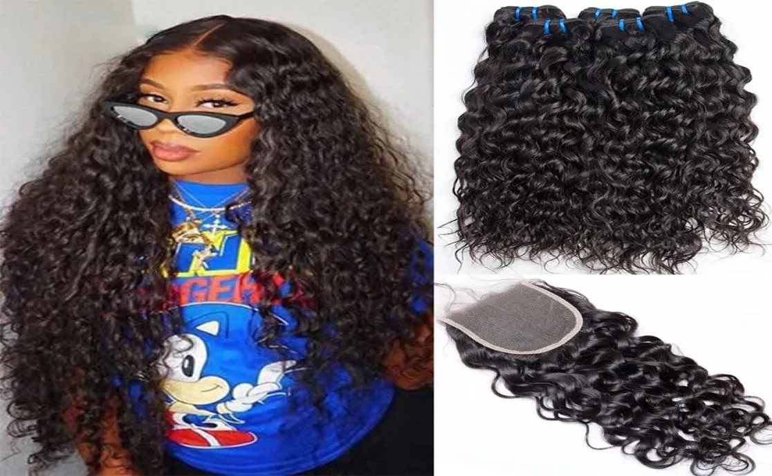 7A Malaysian Water Wave 3 bundels met sluiting Menselijk haarbundel en sluitingen 4X4 sluiting Niet-Remy Weave Modern Show Hair Extensio5323541