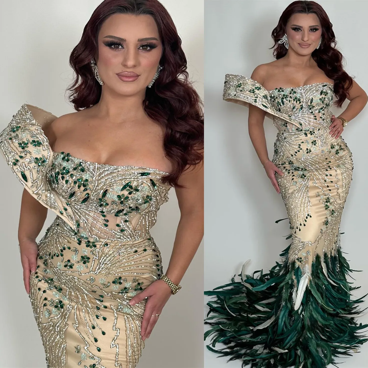 2024 Aso Ebi Mermaid Illusion Prom Dress Beaded Crystals Feather Evening Formal Party Second Reception Birthday Engagement Gowns Dresses Robe De Soiree ZJ29