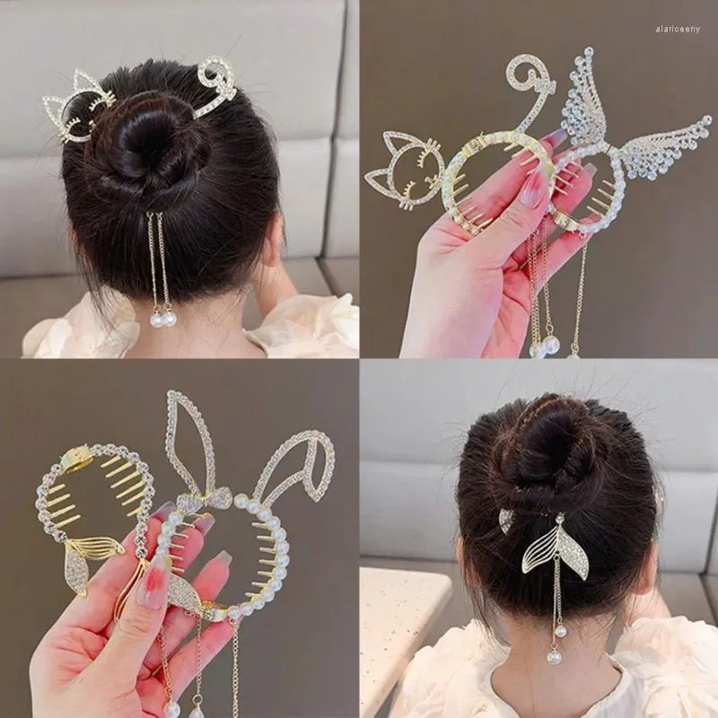Akcesoria do włosów kryształowe anielskie uszy zwierzęcy klip elegancki frędzko perłowe spinki do włosów kucyk bułka głowa dla kobiet dziewczyna