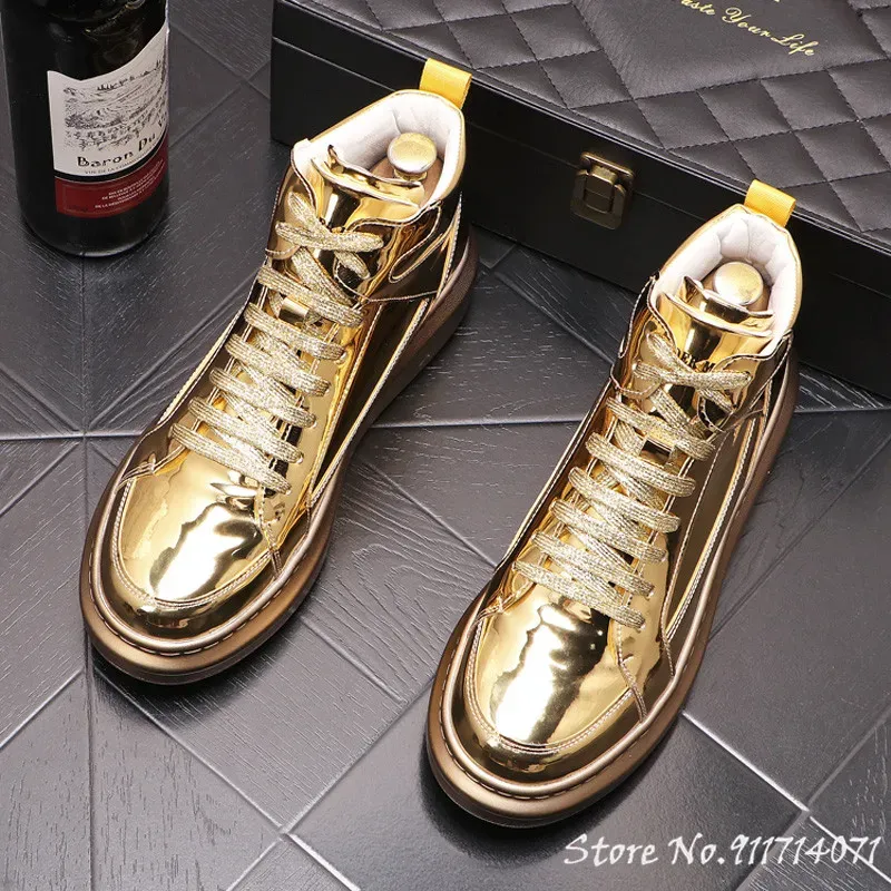 Mens Fashion Platform Sneakers: Gold Silver Leather Hip-Hop High