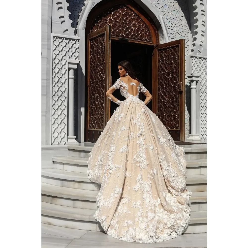 arabic lace wedding dress Lace Princess Beaded Arabic Wedding Sheer Neck Long Sleeves Tulle Bridal Dresses Sexy Vintage Gowns