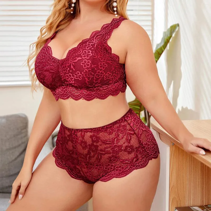 Soutien-gorge Ensembles Dames Plus Taille Sexy Lingerie Col V Taille Haute Floral Dentelle Soutien-Gorge Et Panty 2 Pièces Ensemble Sans Armatures