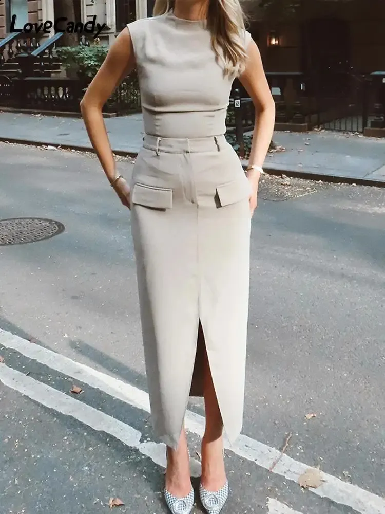 Elegancki bluzka bez rękawów i fałszywych kieszeni Split Slim Spirt Suit do kobiety mody streetwear Lady Outift 2 PCS Zestawy 240202