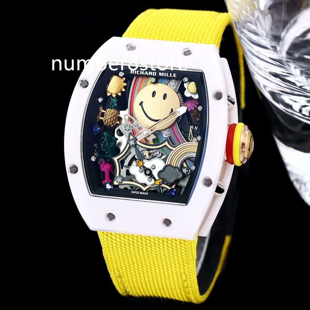 RM088 Smiley Mens Watch Automático Winding Tourbillon 28800 vph ATZ Relógio de pulso de cerâmica branca Safira Cristal Oversize Designer Relógios à prova d'água 6 cores