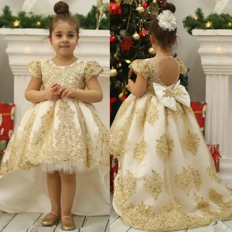 Girl Dresses Golden Flower With Bowknot Baby Girls Beaded Appliques Wedding Party Gowns Toddlers High Low Princess Pageant Dress