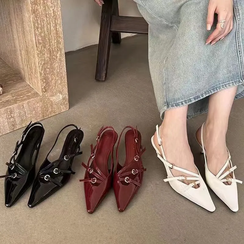 Patent Leather Low Heel Slingback Sandals with Black Clasp Burgundy Evening Dress Shoes for Women Ankle Strap Kitten Heels