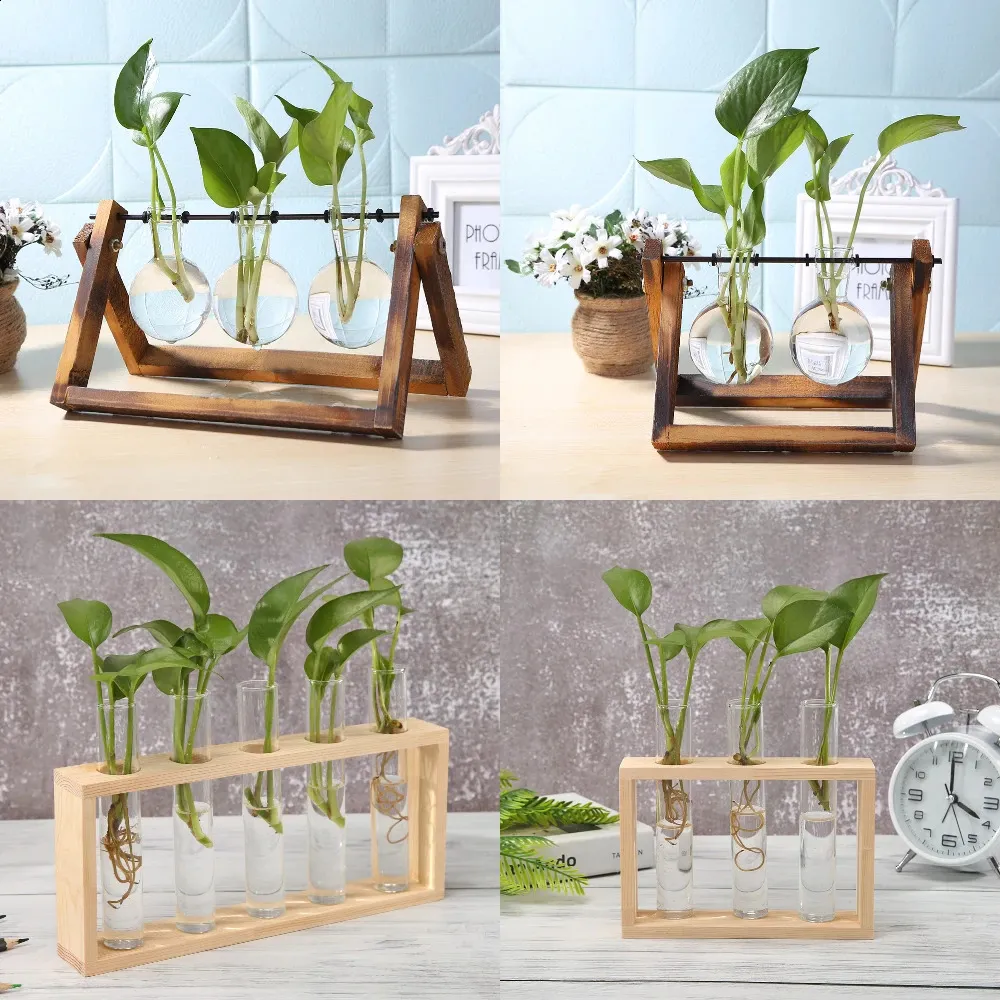 Przezroczysty szklany wazon drewniany rama żelaza Art Terrarium Bonsai Ozdoby stołowe kwiat stołowy hydroponiczny garnek roślinny 240131