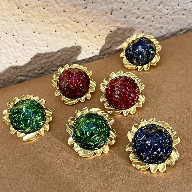 Stud Earrings Green Royal Blue Sunflower Glaze Exaggerated Temperament Giltter Resin Jewelry For Women's Accessories