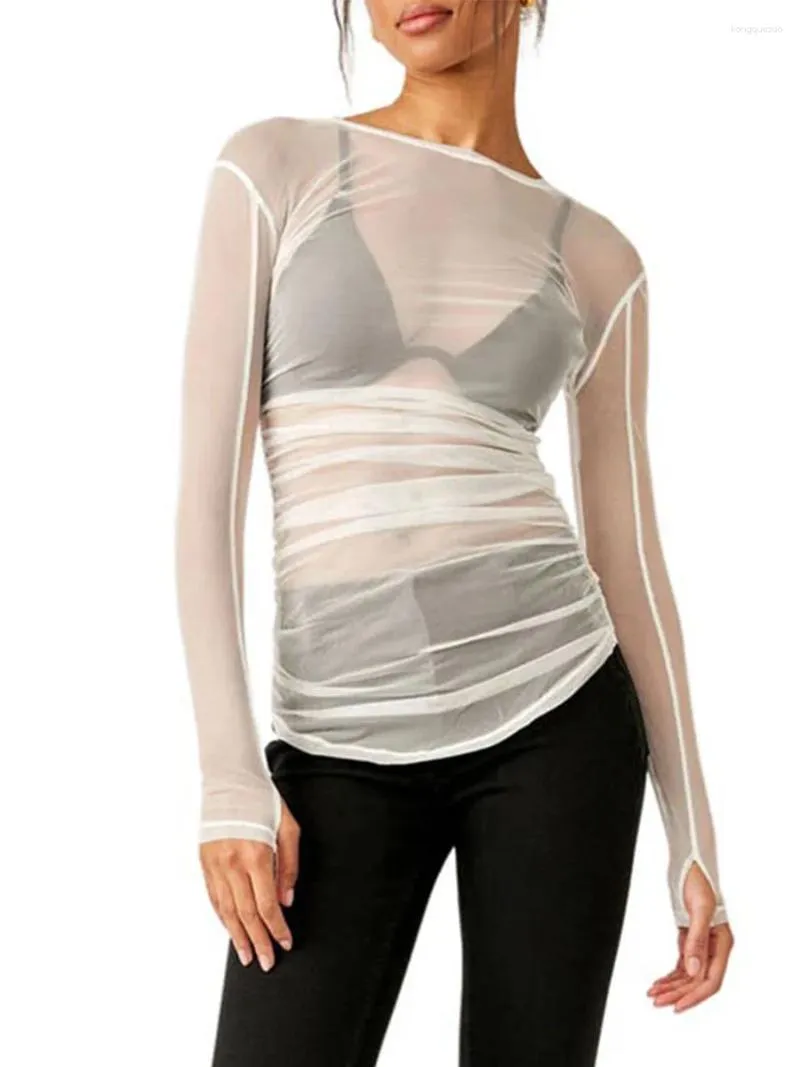 Kvinnors T -skjortor Kvinnor långärmad mesh Crop Top Turtleneck Sheer Blus Sexig Se genom toppar Y2K Lace som går ut skjorta