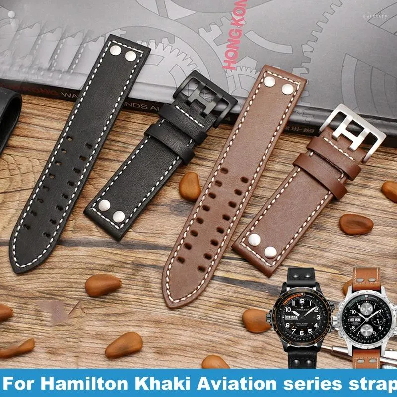 Titta på band 20mm 22mm äkta läderrem niten män ersättningsarmband klockband för Hamilton khaki luftfart h77755533 H77616533