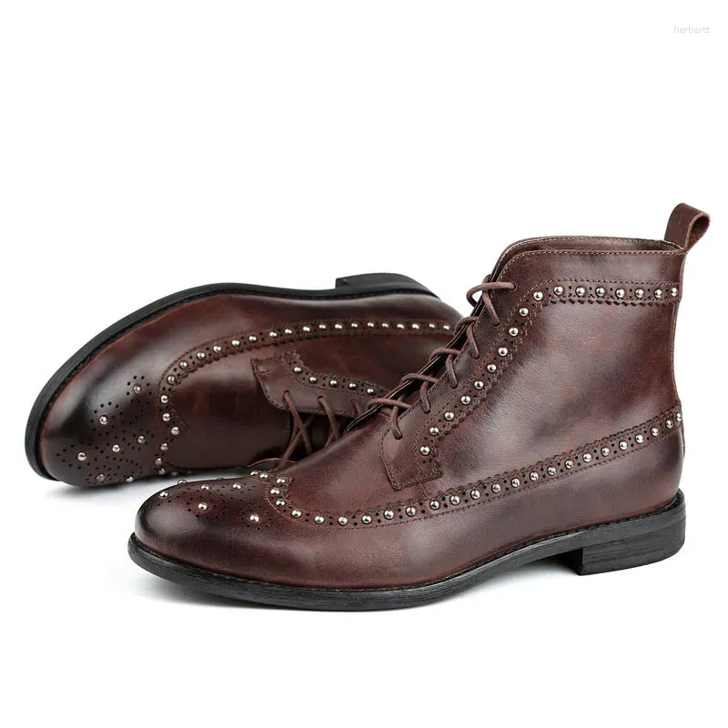 Boots Mens Vintage Cow Retro Genuine Leather Lace Up Motorcycle Biker Round Toe Male Ankle Low Heel Wing Tip Brogue Shoes